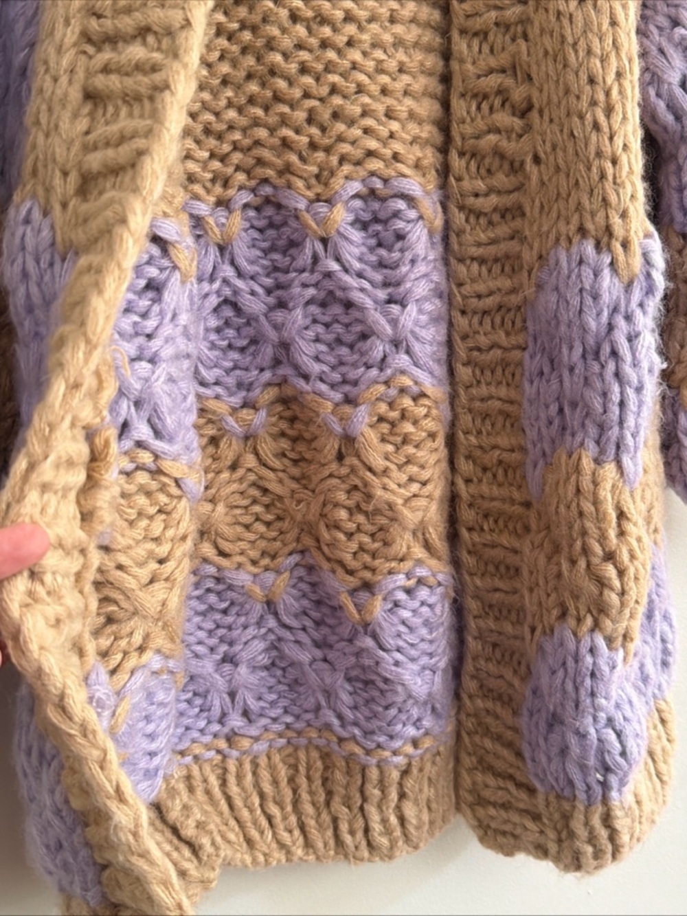 Anthropologie Beige and Lavender Chunky Knit Colorblock Cardigan - Picture 8 of 13